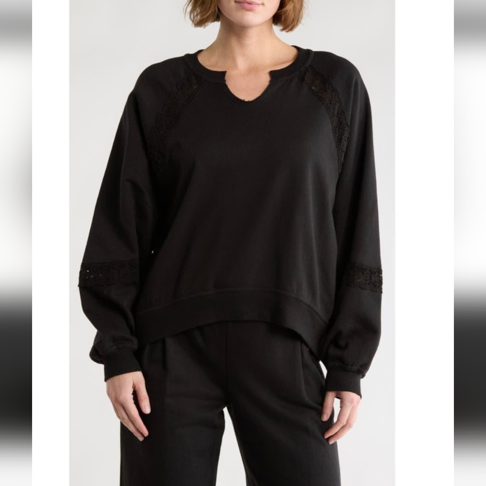 Jessica Simpson Black Crochet-Trim Knotched Pullover Sweatshirt Western Boho Lrg